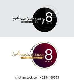 Logo de 8 años con elemento de círculo creativo. Plantilla de afiches para la celebración del octavo evento. Diseño para banner, revista, folleto, web, invitación o tarjeta de saludo. Ilustración del vector