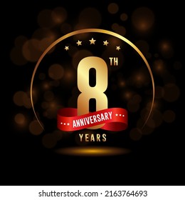 8 years anniversary logo with golden ring and ribbon for booklet, leaflet, magazine, brochure poster, banner, web, invitation or greeting card. Vector illustrations.