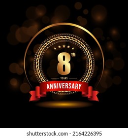 8 years anniversary logo with golden ring and ribbon for booklet, leaflet, magazine, brochure poster, banner, web, invitation or greeting card. Vector illustrations.