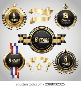 8 years anniversary logo with golden ribbon. Set of Vintage Anniversary Badges Celebration