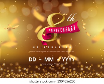 8 years anniversary logo template on gold background. 8th celebrating golden numbers with red ribbon vector and confetti isolated design elements