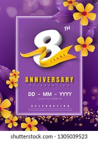 8 years anniversary logo template on golden flower and purple background. 8th celebrating white numbers with gold ribbon vector and bokeh design elements, anniversary invitation template card design