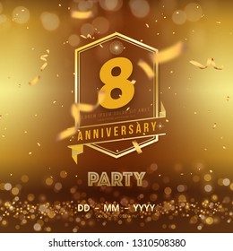 8 years anniversary logo template on gold background. 8th celebrating golden numbers with red ribbon vector and confetti isolated design elements