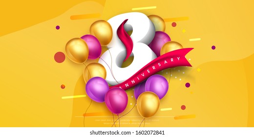 8 years anniversary logo template design on yellow background and balloons. 8th anniversary celebration background with red ribbon and balloons. Party poster or brochure template. Vector illustration.