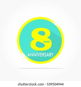 8 years anniversary logo vector on flat design blue circle with yellow number and gradient yellow frame with shadow effect