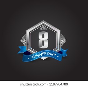 8 years anniversary logotype design with blue ribbon, silver hexagon, and ornament isolated on dark background. Vector template for celebration company event, greeting card, and invitation card