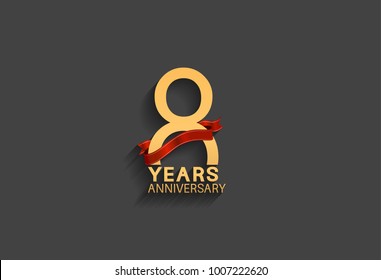 8 years anniversary logotype with red ribbon and golden color for celebration event