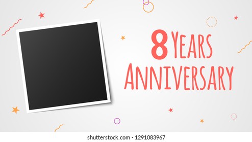 8 years anniversary photo frame card. 8 years anniversary vector elegant template design.