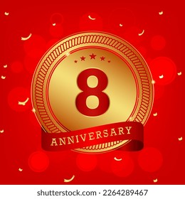8 years anniversary. Anniversary template design concept with gold and red colors , design for event, invitation card, greeting card, banner, poster, flyer, book cover and print. Vector Eps10