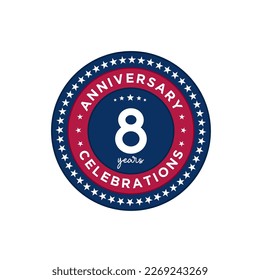 8 years anniversary. Anniversary template design, red and blue color with stars, design for event, invitation card, greeting card, banner, poster, flyer, book cover and print. Vector Eps10