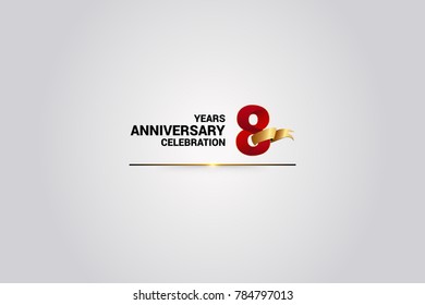 8 Years anniversary using red elegant number isolated on white background, with golden ribbon ca be use as celebration event logo