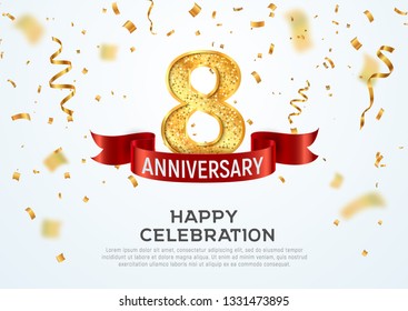 8 years anniversary vector banner template. Eight year jubilee with red ribbon and confetti on white background