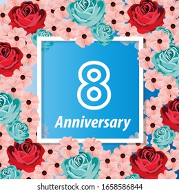8 Years anniversary. Vector design greeting card with decorative floral for celebration