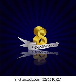 8 years anniversary Vector Template Design with golden color and silver ribbon isolated on blue sunburst background illustration for celebration event - Vector