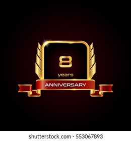 8 years gold anniversary celebration square logo with red ribbon  , isolated on dark background