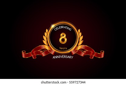 8 years gold anniversary celebration logo with red ribbon , isolated on dark background