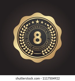 8 Years Golden Anniversary Logo Template with Laurel Wreath. Gold Brand award label Vector Illustration