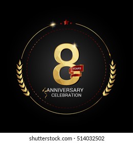 8 years golden anniversary logo with red ribbon, low poly design number, isolated on black background