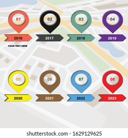 8 Years Roadmap Infographic Template. From 2016 To 2023. Flat Style Graphic Design Template Or Background. Can Be Used For Business Presentation And Banner. Vector EPS10