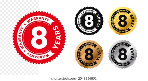 Garantia de 8 anos em círculo. Oito anos de garantia com texto circular. Vermelho, preto, ouro, prata, bronze cor premium. Para adesivo, rótulo, crachá, ícone, sinal, emblema, selo, logotipo, selo, símbolo. Vetor