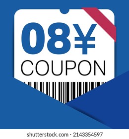 8 Yen Coupon promotion sale for a website, internet ads, social media gift 8 Yuan off discount voucher. Big sale and super sale coupon discount. Price Tag Mega Coupon discount vector illustration.