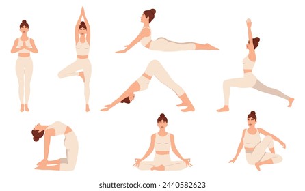 8 yoga asanas performed by a young girl in a beige suit, a girl in the no face style