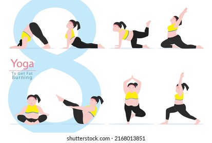 8 Yoga poses for workout in fat Burning.  Fat women exercising for body stretching and strong. Vector Illustration.