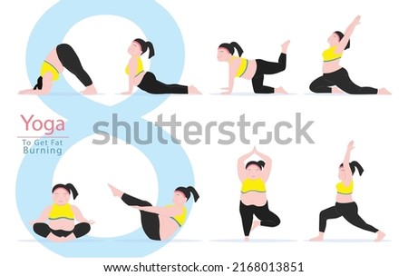 8 Yoga poses for workout in fat Burning.  Fat women exercising for body stretching and strong. Vector Illustration.