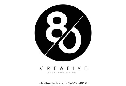 80 8 0 Number Logo Design with a Creative Cut and Black Circle Background. Creative logo design.