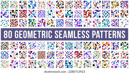 80 patrones abstractos vectoriales geométricos sin soldadura conjunto grande, elementos geométricos simples de color repiten mosaicos, fondo de fondo de fondo de papel o sitio web, fondos de diseño en colección de estilo retro.