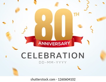 80 Anniversary gold numbers with golden confetti. Celebration 80th anniversary event party template.