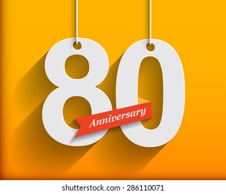 80 Anniversary numbers with ribbon. Flat origami style with long shadow. Vector illustration