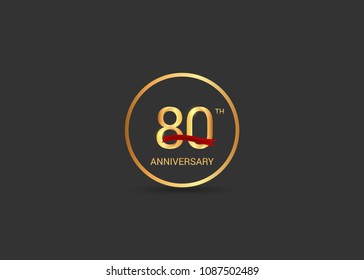 80 anniversary vector design golden color with ring and red ribbon isolated on black background