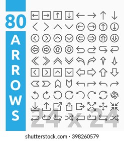 80 Arrow Outline Icons For User Interface And Web Project Base On 24 Pixel Grids. Minimal Navigation Sign And Symbols Collections. Vector Illustration