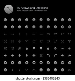 80 Arrows and Directions Pixel Perfect Icons (Filled Style Shadow Edition). Vector icons set of various arrows, directions, and buttons.