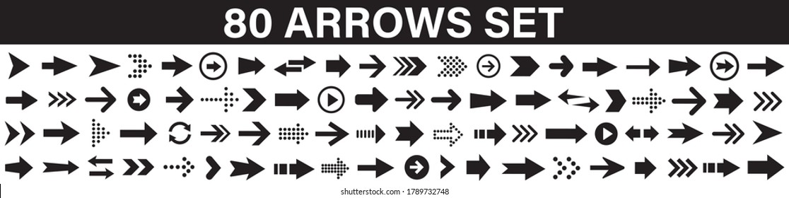 80 Arrows set. Arrow icon collection. Set different arrows or web design. Arrow flat style isolated on white background - stock vector.
