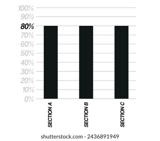 80% bar chart. Design three sections, black percentage bars isolated on white background. Vector for balance sheet and finance