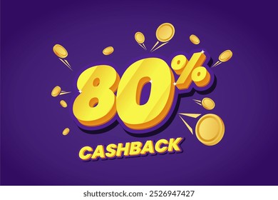 80% cashback promotional banner featuring bold yellow text with shining effects, surrounded by floating gold coins on a vibrant purple background. Perfect for sales campaigns.