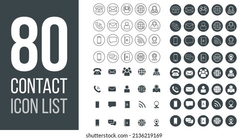 80 Contact Flat Icons set Solid Style isolated symbol vector, Grey and white color. easy to change colour and size 