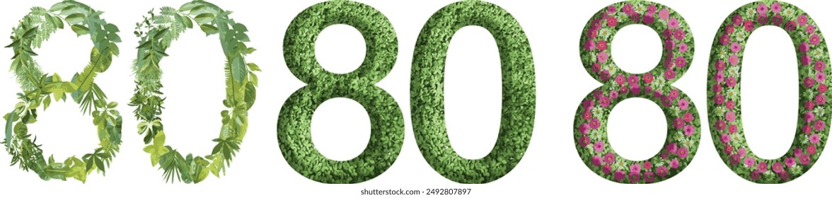 80, design made from green grass, leaves and flower, .suitable for birthday, anniversary and memorial day templates, go green concept	
