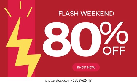 80 % discount coupon. Flash weekend. Eighty percent. Lightning. Promotion illustration. Red background