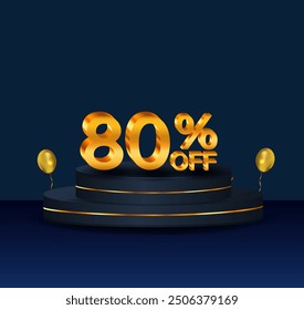 80% discount. Discount on creative composition. 3D sale symbol with decorative objects, golden confetti, podium. 80 percent. Sale banner and poster. Vector illustration.