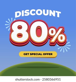 80% Discount Promotional Banner with 3D Text, Fireworks, Blue Gradient Background, and a Special Offer Button on a Green Hill with Eye catching Sale Advertisement Design