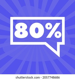 80 %. 80 Prozent in quadratischer Sprachblase. Symbol mit nur einer Farbe. blauer Hintergrund.	
