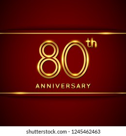 80 / EightyYears Anniversary Logo with Shiny Golden Number on Red Background Isolated. 80th / Eightieth  Celebration Event. Can Use for Poster, Invitation and Greeting Card. Easily Editable Vector.