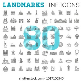 80 Flat line design style vector illustration icons set and logos of top tourist attractions, historical buildings, towers