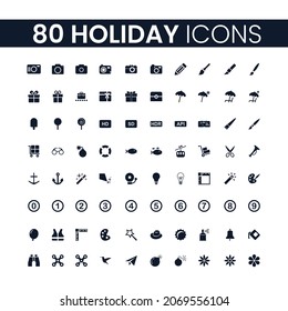 80 Holiday Icons Set. Holiday Icons Pack. Collection Of Icons. Editable Vector Stroke.