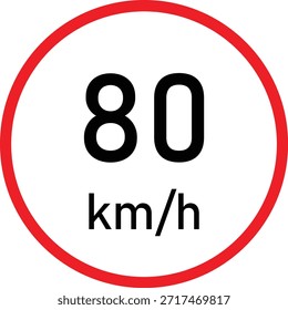 Sinal de trânsito de limite de velocidade de 80 km/h com círculo vermelho sobre fundo branco - Símbolo de regulamentação da velocidade de estrada, sinalização de restrição de velocidade máxima, aviso de regra de segurança e transporte de condução, ícone de controle de velocidade urbana e de estrada para gerenciamento de tráfego e conscientização de segurança rodoviária.