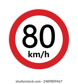 80 KM Speed limit highway sign. Eighty kilometers per hour traffic road sign.  Restriction sign for car drivers not to exceed the speed over 80 kilometers per hour. Vector illustration