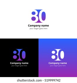 80 logo icon flat and vector design template. Monogram years numbers eight and zero. Logotype eighty with violet-pink gradient color. Creative vision concept logo, elements, sign, symbol.